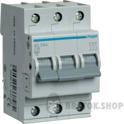 Автоматический выключатель 3P 16A C 6kA Hager MC316A