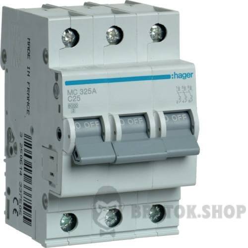 Автоматический выключатель 3P 25A C 6kA Hager MC325A