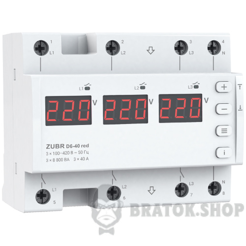 Реле напряжения и контроля фаз ZUBR D6-40 red
