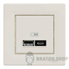 USB розетка тип А+С 2,4 А або 2 х 1,2 А кремовий Asfora