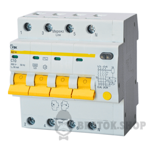 Диф автомат 4Р 10А C 30мА УЭК АД14 (MAD10-4-010-C-030-U) в Сумах