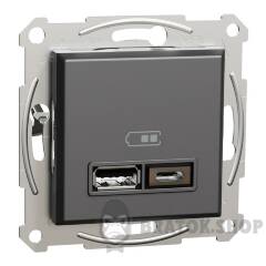 USB розетка тип А+С 2,4 А або 2 х 1,2 А антрацит Asfora
