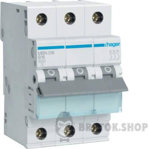 Автоматический выключатель 3P 16A B 6kA Hager MBN316