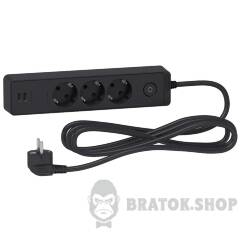 Подовжувач 3 роз. з заз.+2*USB чорн. 3 м