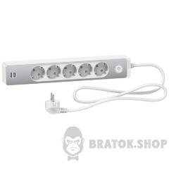 Подовж 5 роз. з заз+2*USB алюм/біл 1.5 м