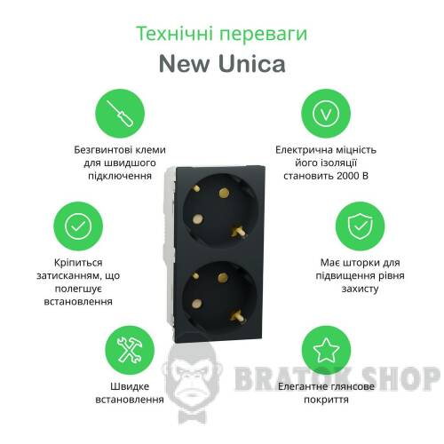 Подвійна розетка 45° зі шторками, з заземленням, антрацит NU306754A в Киеве