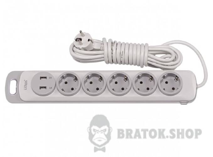 Удлинитель сетевой фильтр 5м на 5 розеток 2хUSB с заземлением и выключателем Luxel NOTA 4375 в Сумах