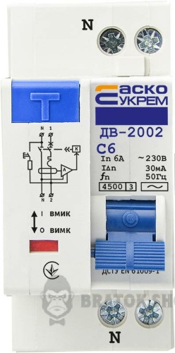 Диференційний автоматичний вимикач 1P+N 6А 30мА 4.5кА C АСКО-Укрем ДВ-2002 A0030010003