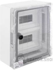 Корпус ударопрочный из АБС-пластика e.plbox.250.330.130.18m.tr, 250х330х130мм, IP65 с прозрачной дверцей и панелью под 18 модулей