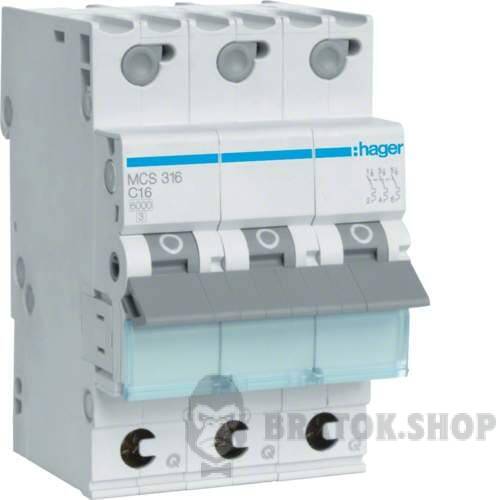 Автоматический выключатель 3P 16A C 6kA Hager MCS316