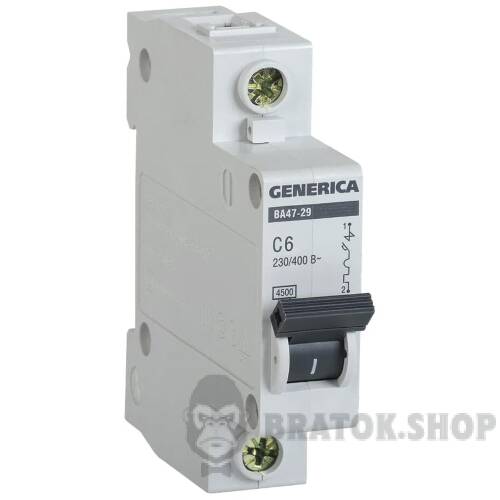 Автоматический выключатель 1P 6А C 4.5кА GENERICA ВА47-29 (MVA25-1-006-C) MVA25-1-006-C в Сумах
